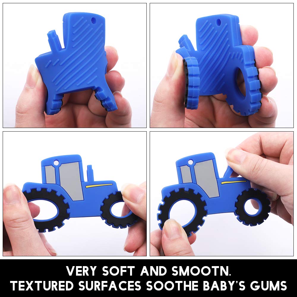 Amazingm Baby Food Grade Silicone Tractor Car Teether Toy With Pacifier Clip Holder,Teething Pain Relief Toys Gift Set For 3 Months+ Boys And Girls,Freezer Safe,Bpa Free (Blue)