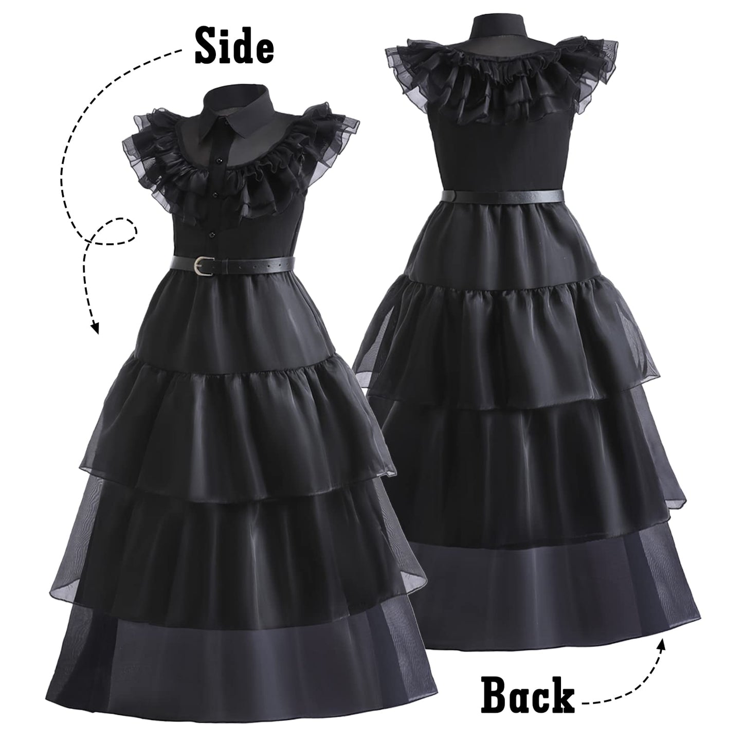 Grivos Black Costume Girls,Little Kid Dress For Kids Black Outfit Halloween Costumes Cosplay Party With Belt Wig Socks 4-14Y