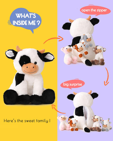 Vposyako 5 Pieces Cow Stuffed Animals For Boys Girls, 1 Mommy Cow With 4 Babies Soft Plush Toy Set Gifts For Kids Children 3 4 5
