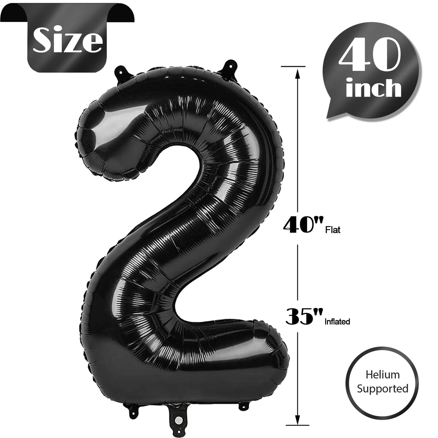 Iwerp Number 2 Balloon, Black, 40 Inch, Unisex, Birthday Decorations, All Ages, Reusable, Self Sealing, Foil Mylar
