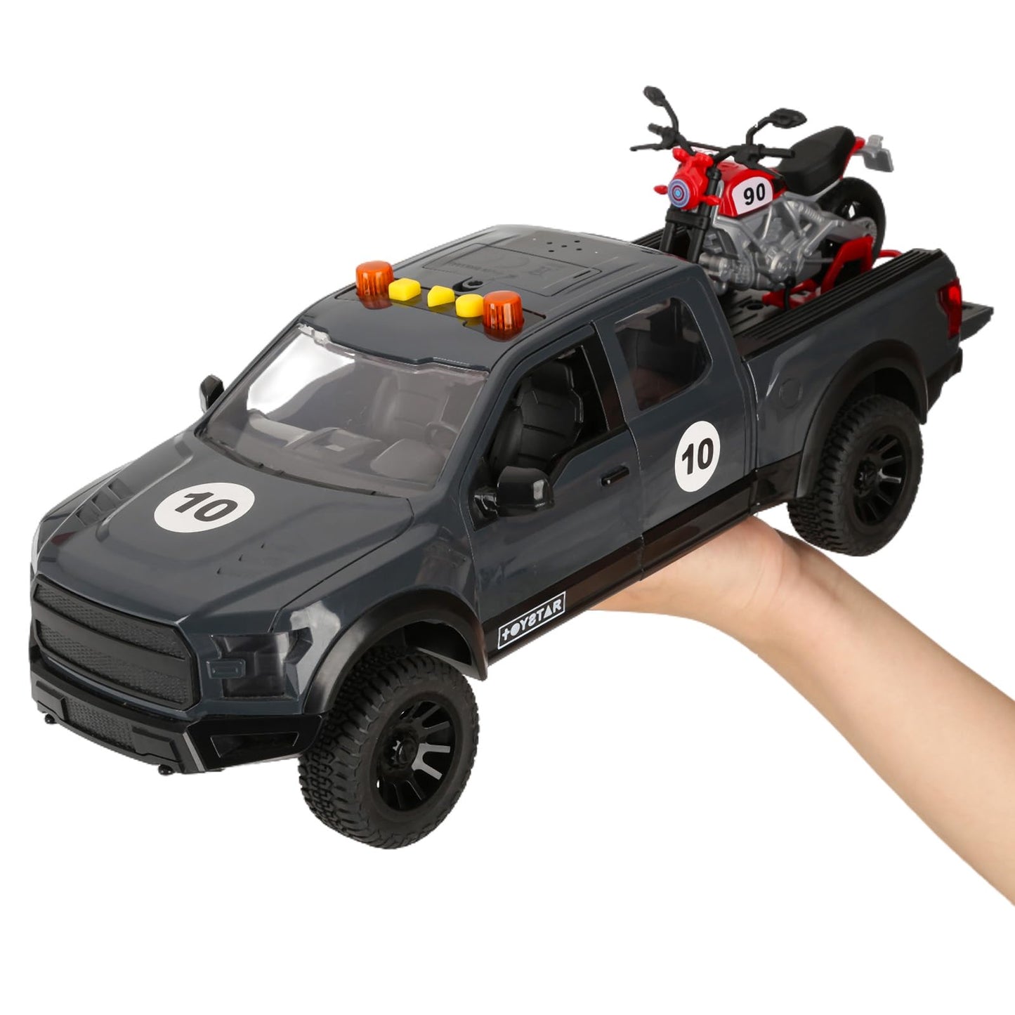 Sasbsc Toy Pickup Trucks For 3 4 5 Year Old Boys 1:18 Friction Power Truck Toy With Motorcycle Plastic Big Trucks With Lights An
