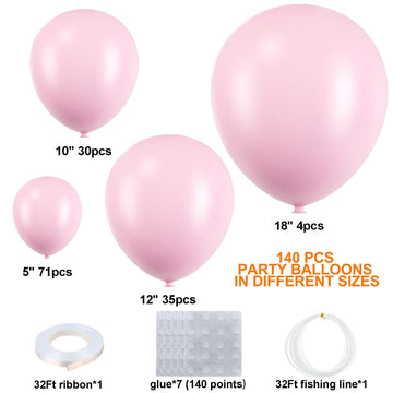 140Pcs Pastel Pink Balloons Baby Pink Balloon Garland Arch Kit 5/10/12/18 Inch Latex Pink Balloons Different Sizes As Gender Rev