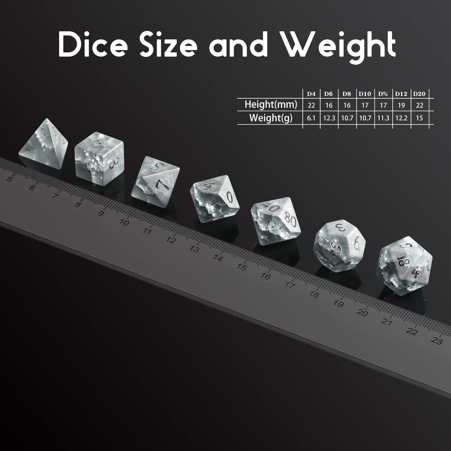 Cracked Glass DND Dice 7 Piece Black Zircon Dice with Great Gift Case for DND Dungeons and Dragon Tabletop Game (Black Glass wit
