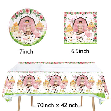 41Pcs Pink Farm Party Supplies,Include 20 Plates, 20 Napkin And 1Pcs Tablecloth,Used For La Granja De Zenon Birthday Party Decor