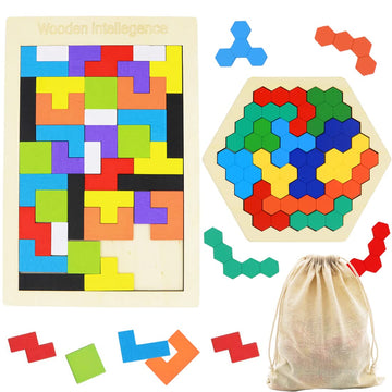 2 Pack Wooden Russian Blocks Puzzle + Hexagon Puzzles For Kids & Adults, Wooden Block Puzzle Intelligence Brain Teasers Toy Logi