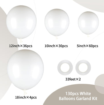 130Pcs White Balloons Garlands Kit, 18'' 12'' 10'' 5'' Different Sizes Pack White Latex Balloon Arch For Birthday Graduation Wed