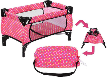 Fash N Kolor Doll Pack N Play Crib Polka Dot Design Fits Up To 18'' Dolls (Pink Polkadot)