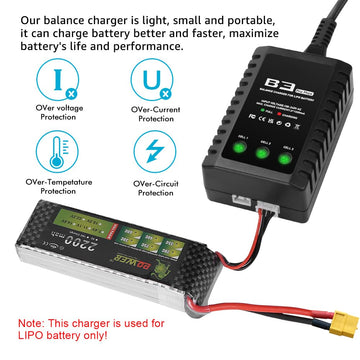 LiPo Battery Charger 2S-3S RC Balance Charger Compact Charger for 7.4-11.1V LiPo Batteries (Black)