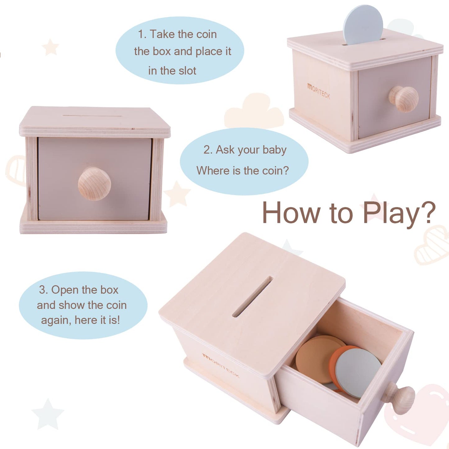 Moriteck Montessori Coin Box And Object Permanence, Wood Drawer With 3 Colors Coin Toy For 8-12 Months And Up Baby, Infant Devel