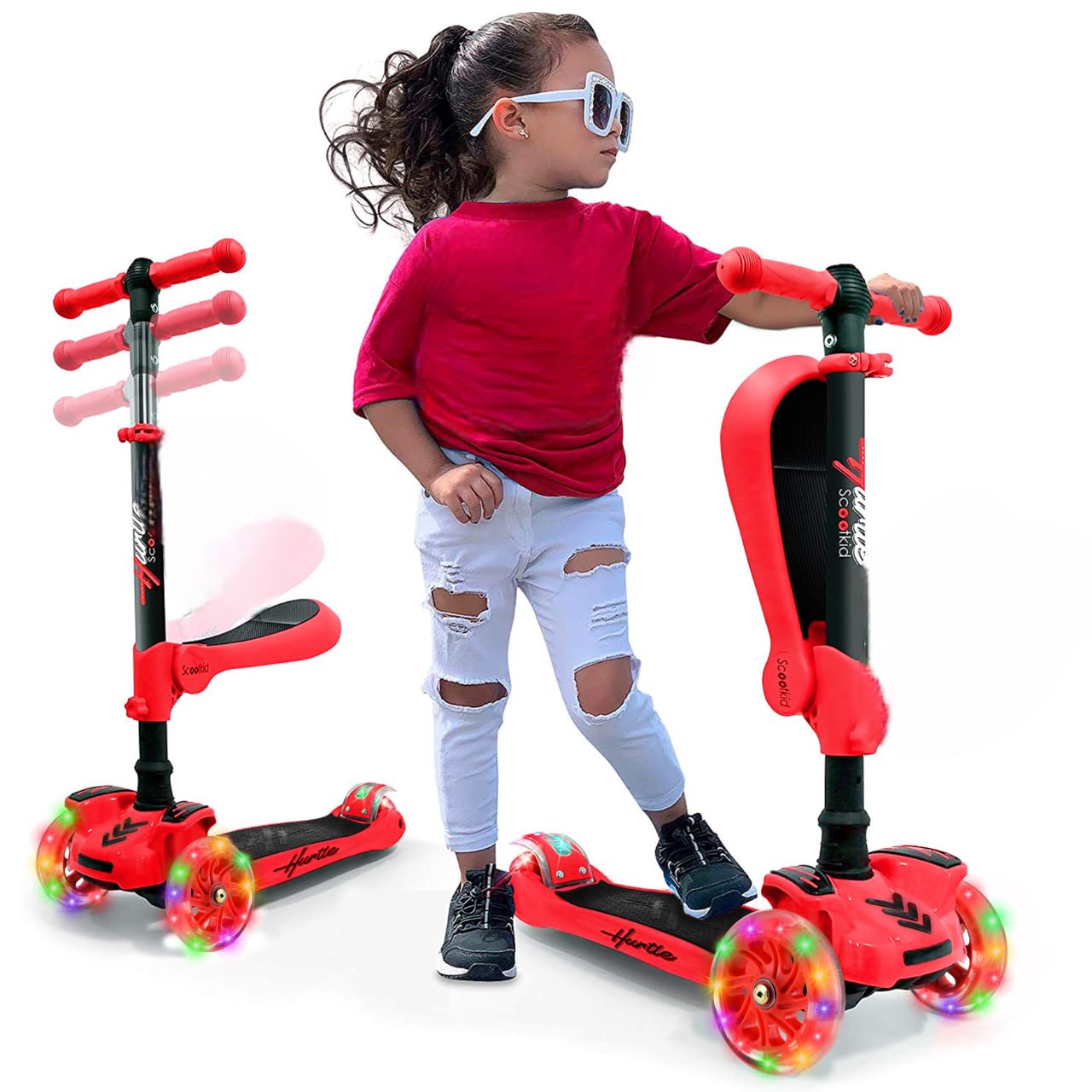 Hurtle Kids Scooter - Child Toddler Kick Scooter Toy With Foldable Seat - 3 Wheel Scooter With Adjustable Height, Anti-Slip Deck, Flashing Wheel Lights, For Boys/Girls 1-12 Year Old, Red