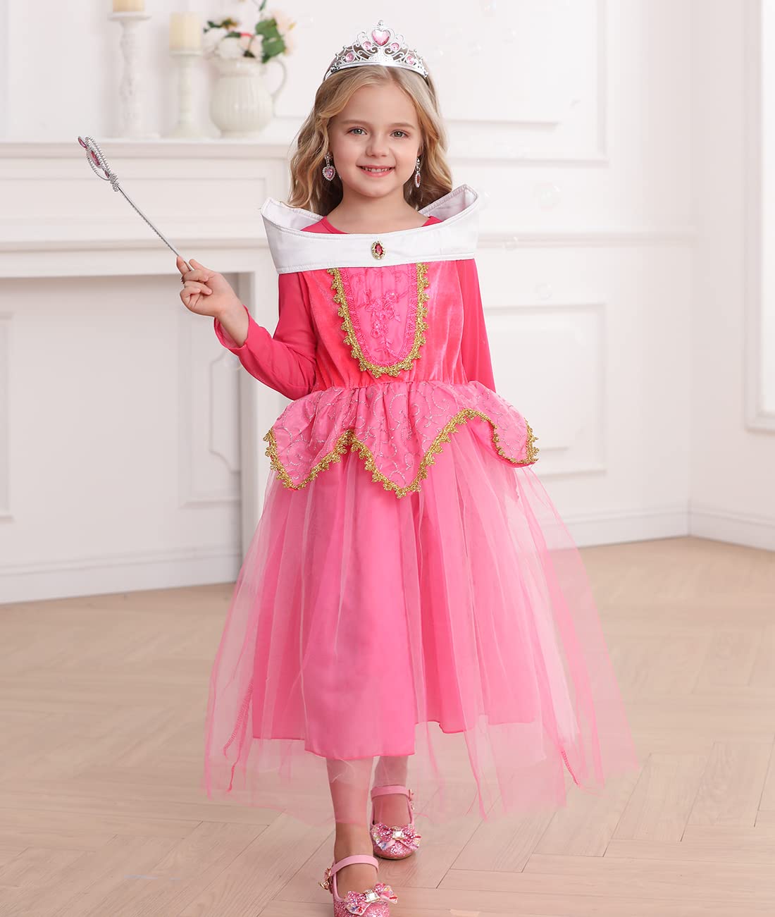 Itvti Girls Princess Dress Up Halloween Party Costume With Crown Wand Earrings Ring, Pink, 6-7 Years (Label 140)