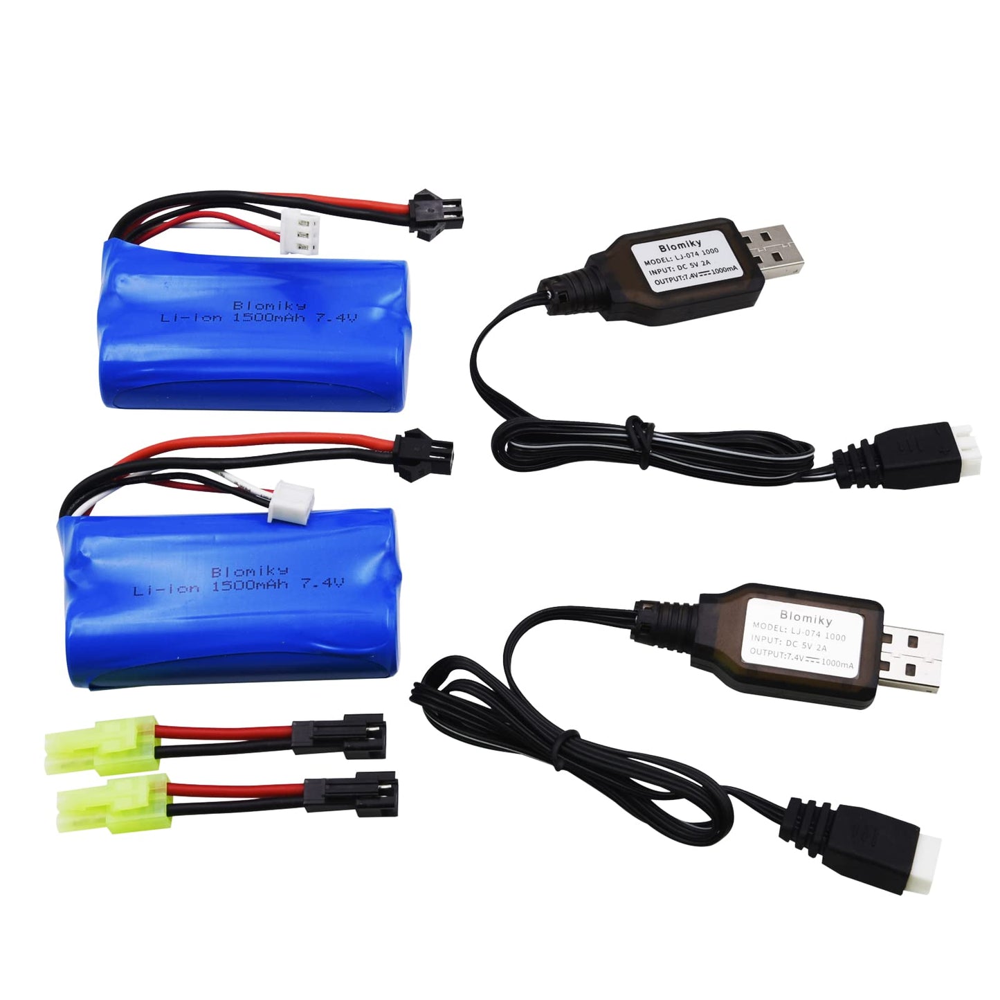 Blomiky 2 Pack H101 7.4V 2S 15C 1500mAh Battery with SM 2P Plug and USB Charger Cable for H105 H103 H101 Remote Control RC Boat