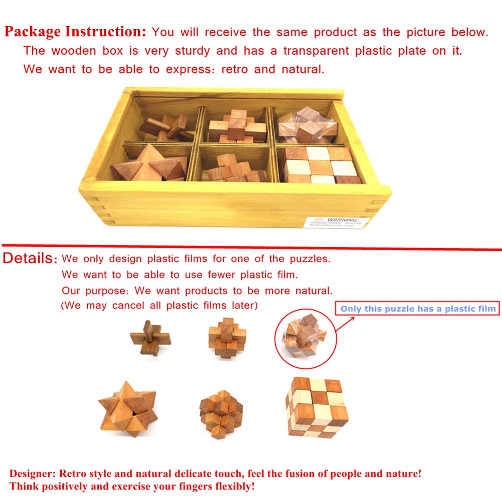 Guaishou 6-In-One 3D Luxury Wooden Brain Puzzle Teaser Kongming Lock For Teens And Adults Includes Storage Box