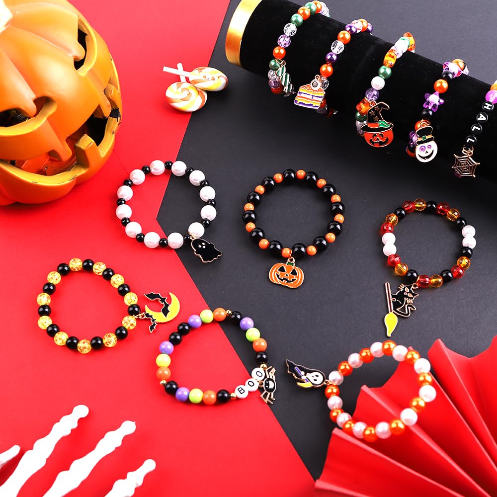 DULEFUN 12pcs Halloween Bracelets for Kids, Halloween Party Favors Bead Bracelets and Charms Set Trick or Treat for Boys Girls H