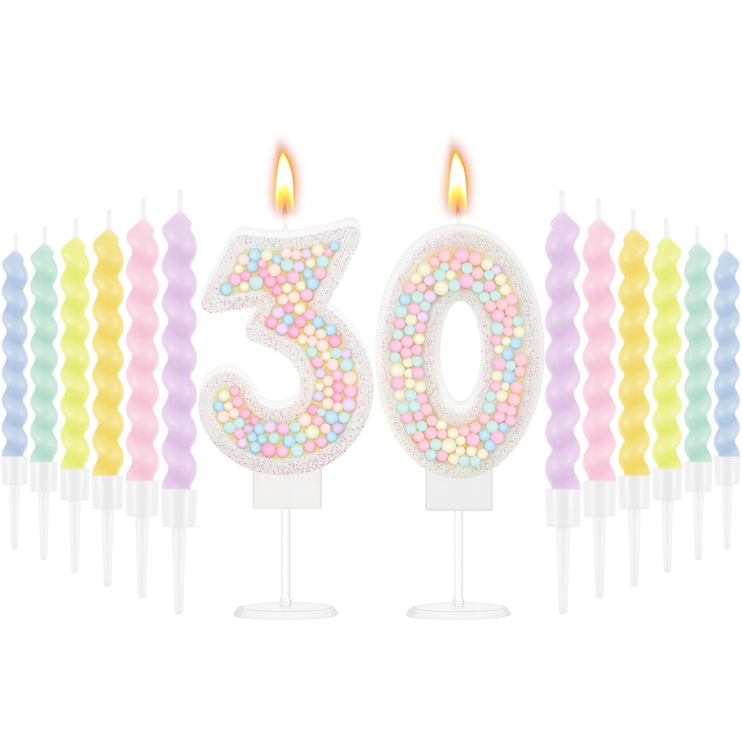 MTLEE Number 30 Birthday Candle with 12 Pcs Spiral Candles for Girls Macaron Pastel Rainbow Unicorn Pink Cake Topper for Sweet T