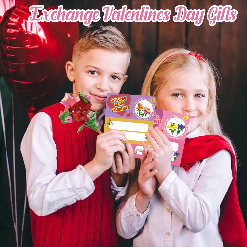 Umeelr 24 Pack Valentines Day Gifts For Kids, Flowers Bouquet Building Blocks With Valentines Day Cards, Valentine'S Classroom G