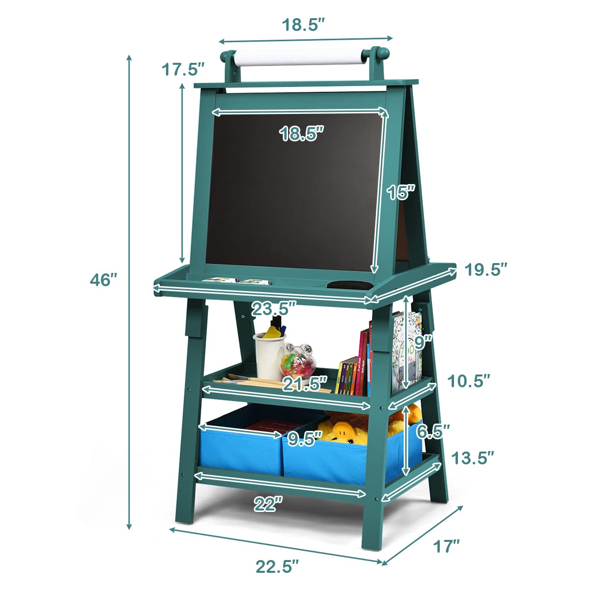 Costzon Kids Art Easel, 3 In 1 Double-Sided Wooden Easel W/Magnetic Whiteboard, Chalkboard & Paper Roll, 2-Tier Rack W/ 2 Storage Boxes, Standing Easel For Kids, Toddlers, Boys, Girls (Blue)