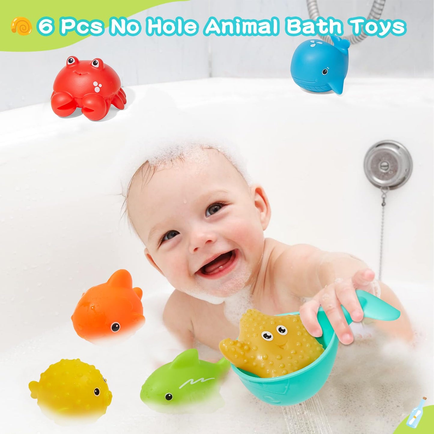 Toddler Bath Toys for Babies 26 Pcs Mold Free Bathtub Toys with Fishing Rod Floating Boats Spoons Bucket No Hole Sea Animals and Storage Bag Water Table Pool Toys for Toddlers and Kids
