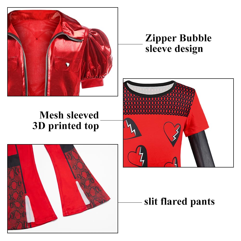 Grivos Girl Red Chrismas Costume For Kid Rise Red Princess Costume Short Sleeves Jacket Top Flared Pants Wig 4Pcs 3-10Y