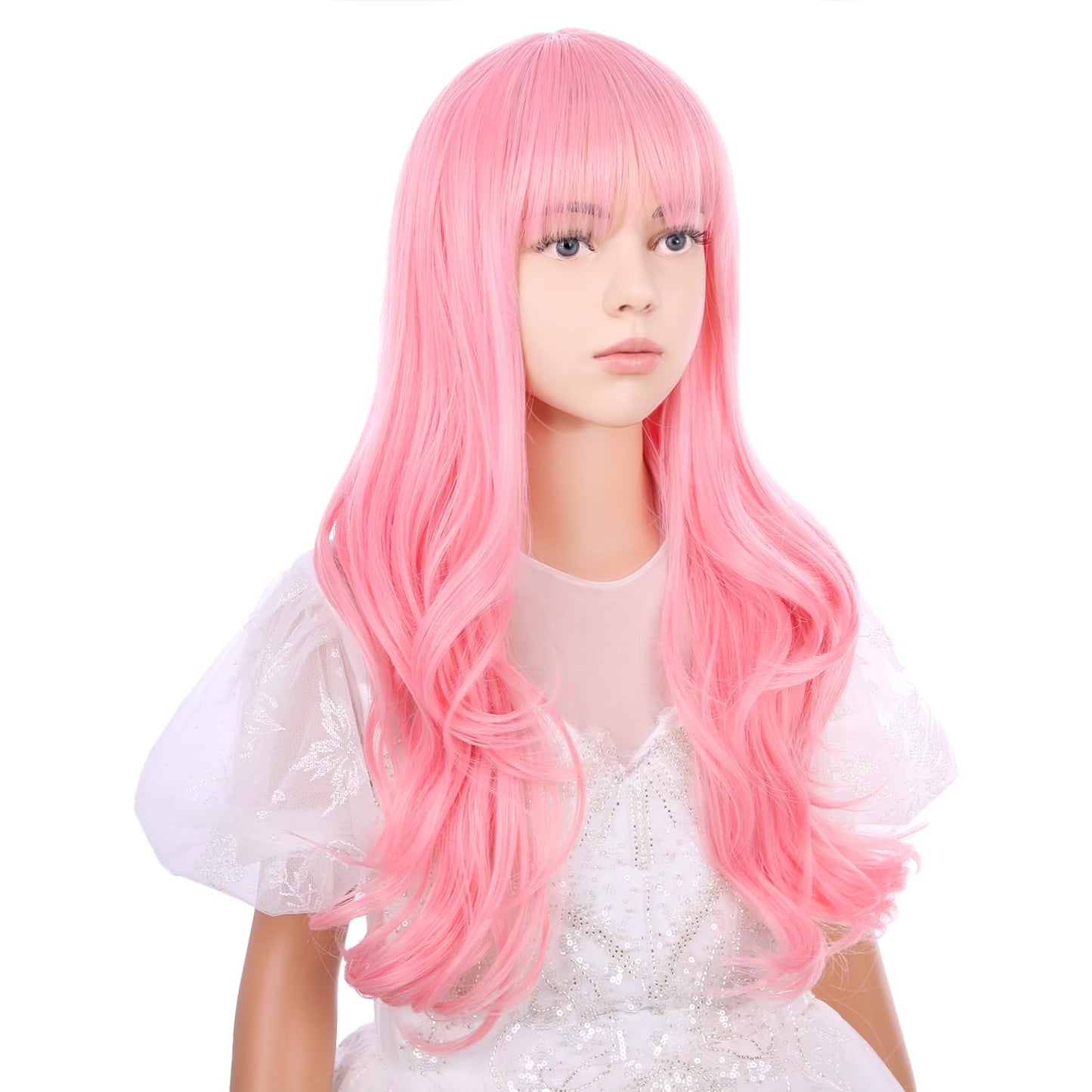 Wavelnm Kids Pink Wigs Child Long Curly Wavy Wigs Light Pink Wig For Girls Pink Wig With Bangs Synthetic Wig With Wig Cap