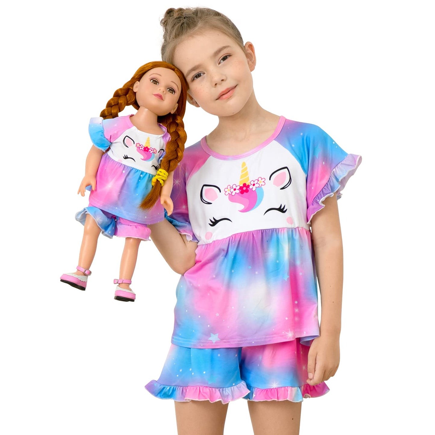 Girl & Doll Matching Pajamas Unicorn Outfit Clothes For Girls And 18'' Dolls Pajama Sets (Doll Not Included), Purple Blue, 7-8 Y