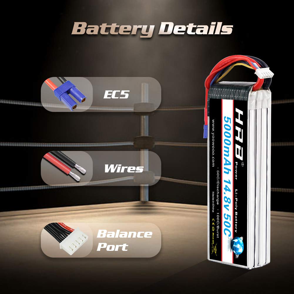 HRB 4S Lipo Battery EC5 5000mAh 14.8V 50C RC Lipo Battery Pack Compatible with RC Car Truck Quadcopter Airplane Helicopter Boat