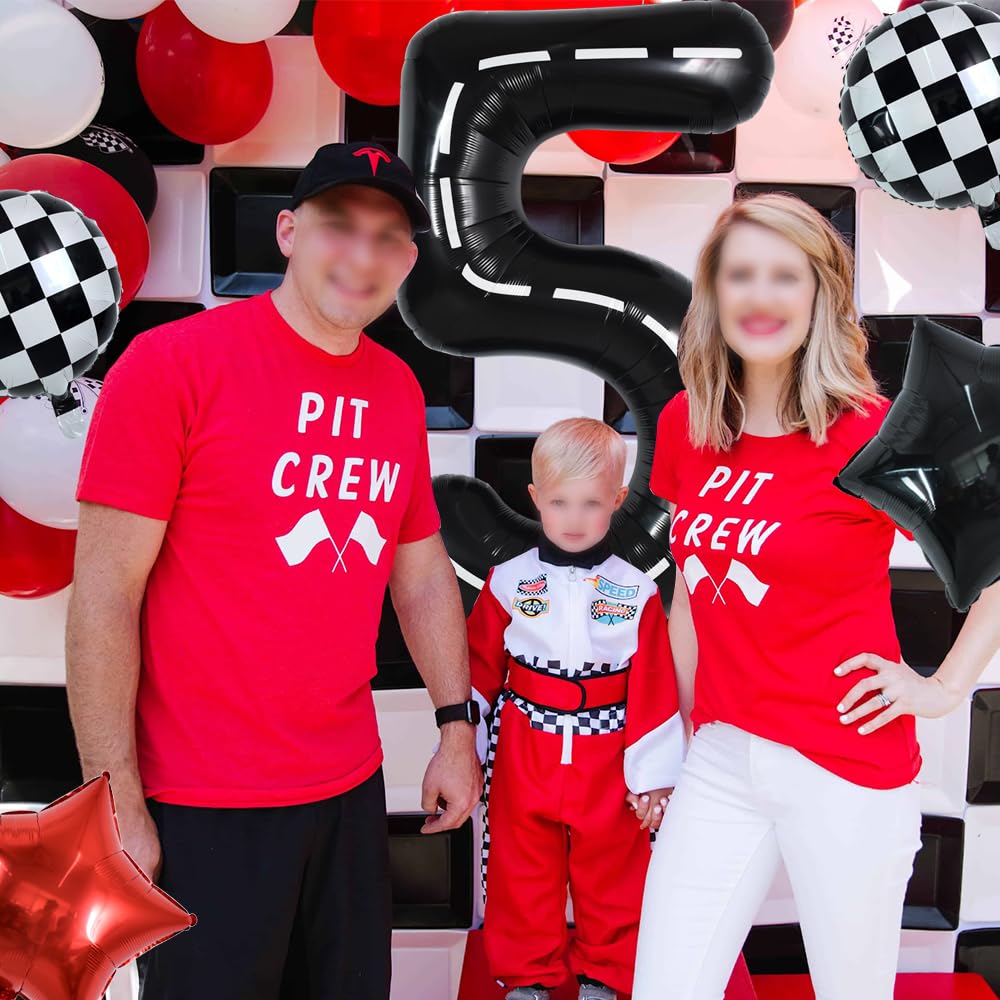 Toniful 40 Inch Race Car 5Th Birthday Balloons Racetrack Number 5 Black Balloons Wheel Tire Balloons Black White Checkered Ballo