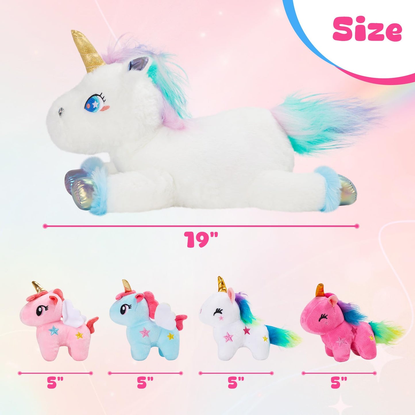 WEWILL 19" Rainbow Unicorn Stuffed Animal Set - Mommy Unicorn with 4 Babies, Plush Polyester Toys for Girls Ages 3-8, Perfect for Gifts
