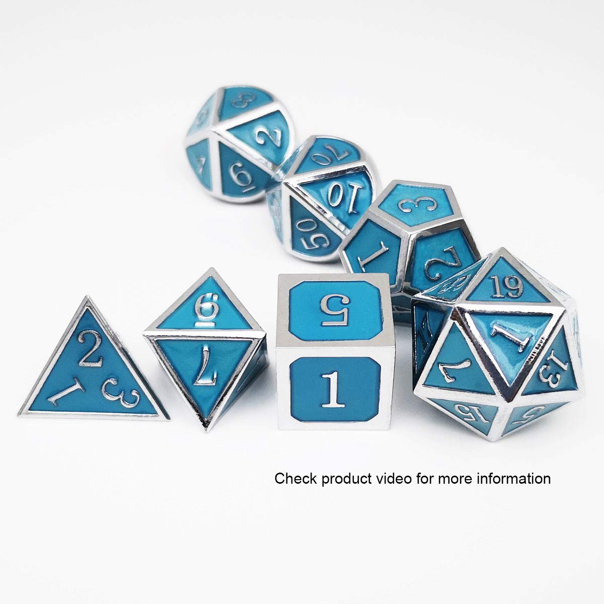 Haxtec Glow in The Dark Metal Dice Set D&D Glowing Blue Silver W/Dragon Dice Bag 7 Die D&D Dice Set for Dungeons and Dragons RPG