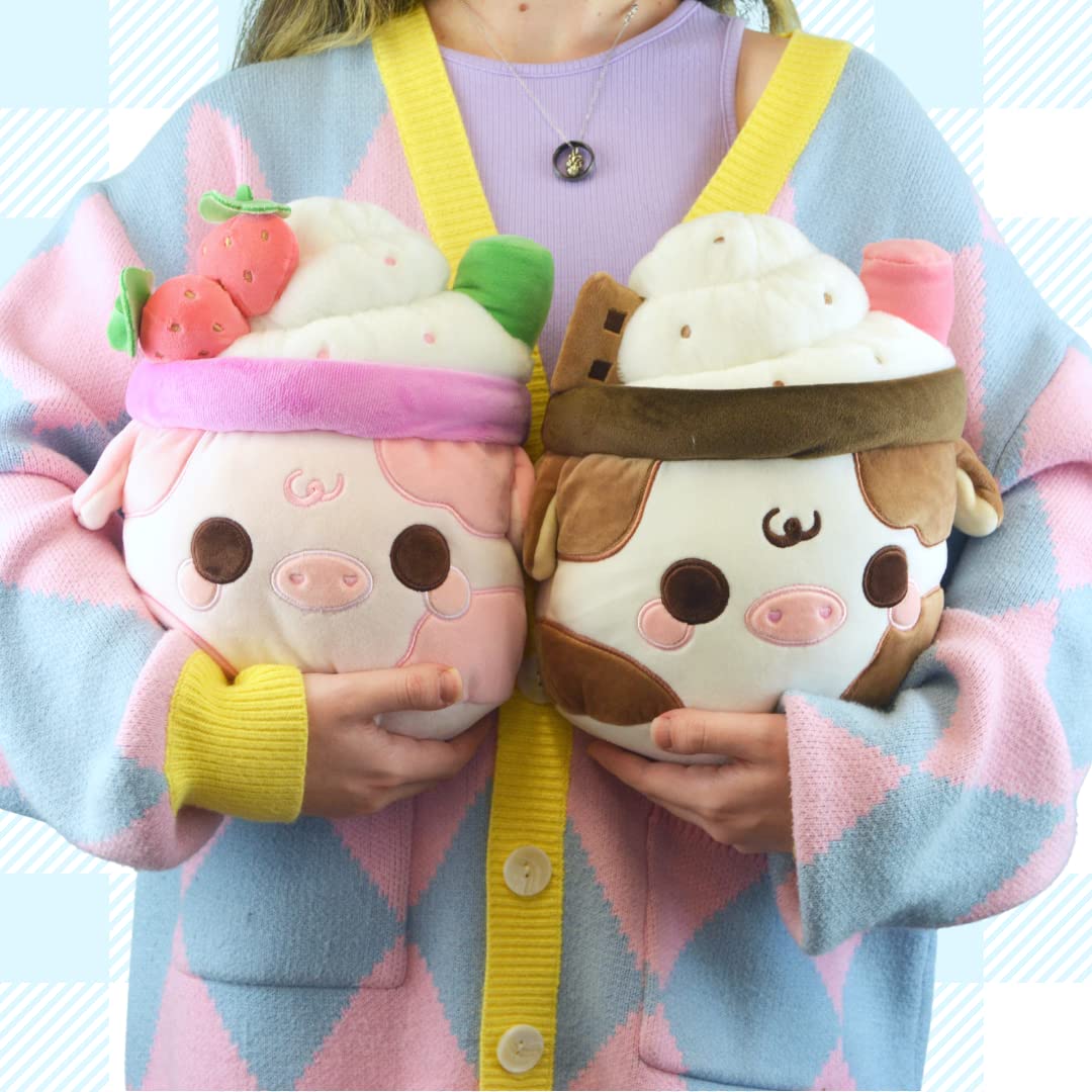 Cuddle Barn PlushGoals - Strawberry Mooshake Super Soft Cute Kawaii Cow Dessert Drink Collectible Stuffed Animal Plush Toy, 10 i