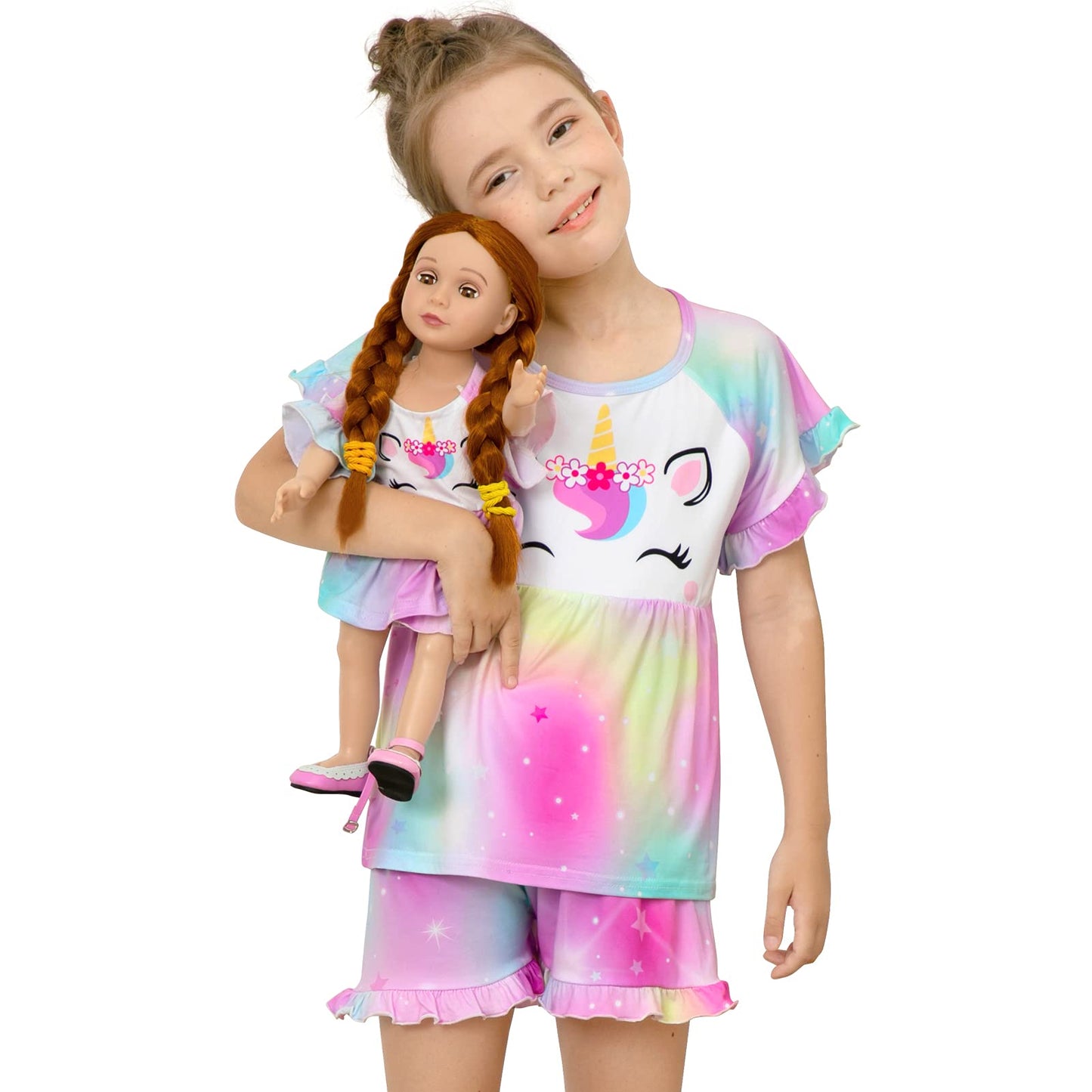 Girl & Doll Matching Pajamas Unicorn Outfit Clothes For Girls And 18'' Dolls Pajama Sets (Doll Not Included), Colorful, 9-10 Yea