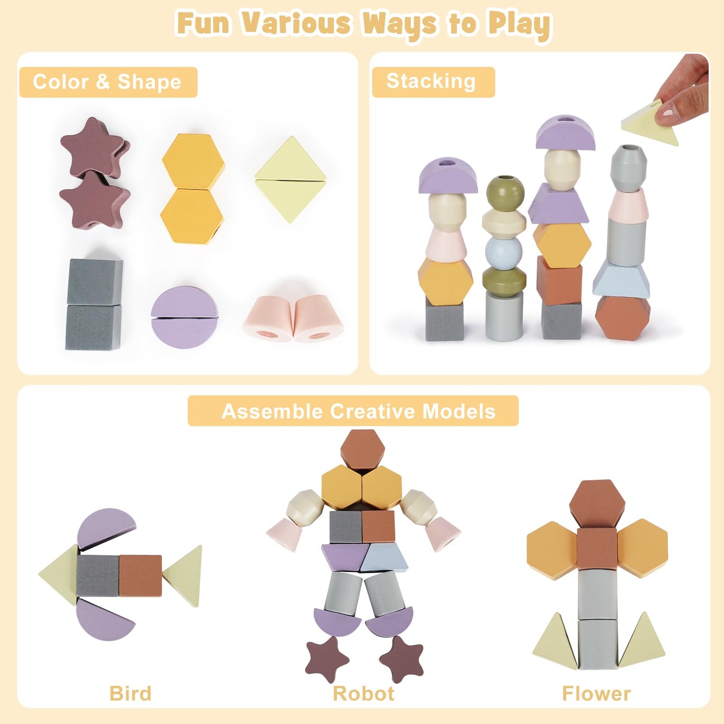 Montessori Toys For 3 Year Old - Wooden Lacing Beads & Stacking Blocks Toys For 3 4 5 Year Old Girl Boy Easter Birthday Gifts, Preschool Learning Activities With Beads Sequencing Set For Toddler 2-4