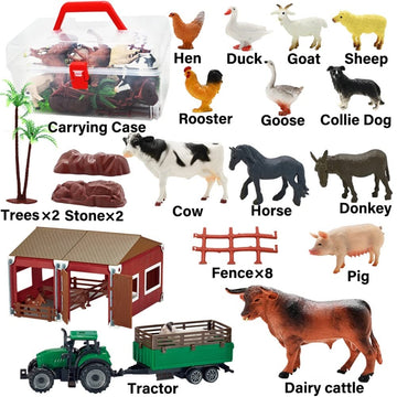 Bolzra Mini Barn Farm Toys Playset, 66Pcs Plastic Animals Figurines And Fence Farm Playset, Farm Figures Farmer Vehicle Toy Truc