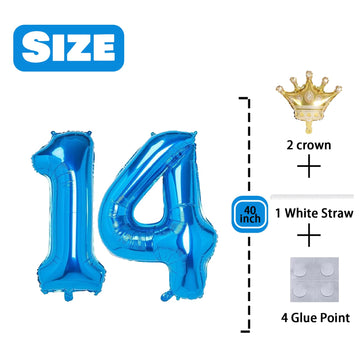 14 Number Balloon Blue 40 Inch Big Foil Crown Helium 14Th Balloons For 14 Year Old Boy Girl Birthday Party Decorations Wedding A