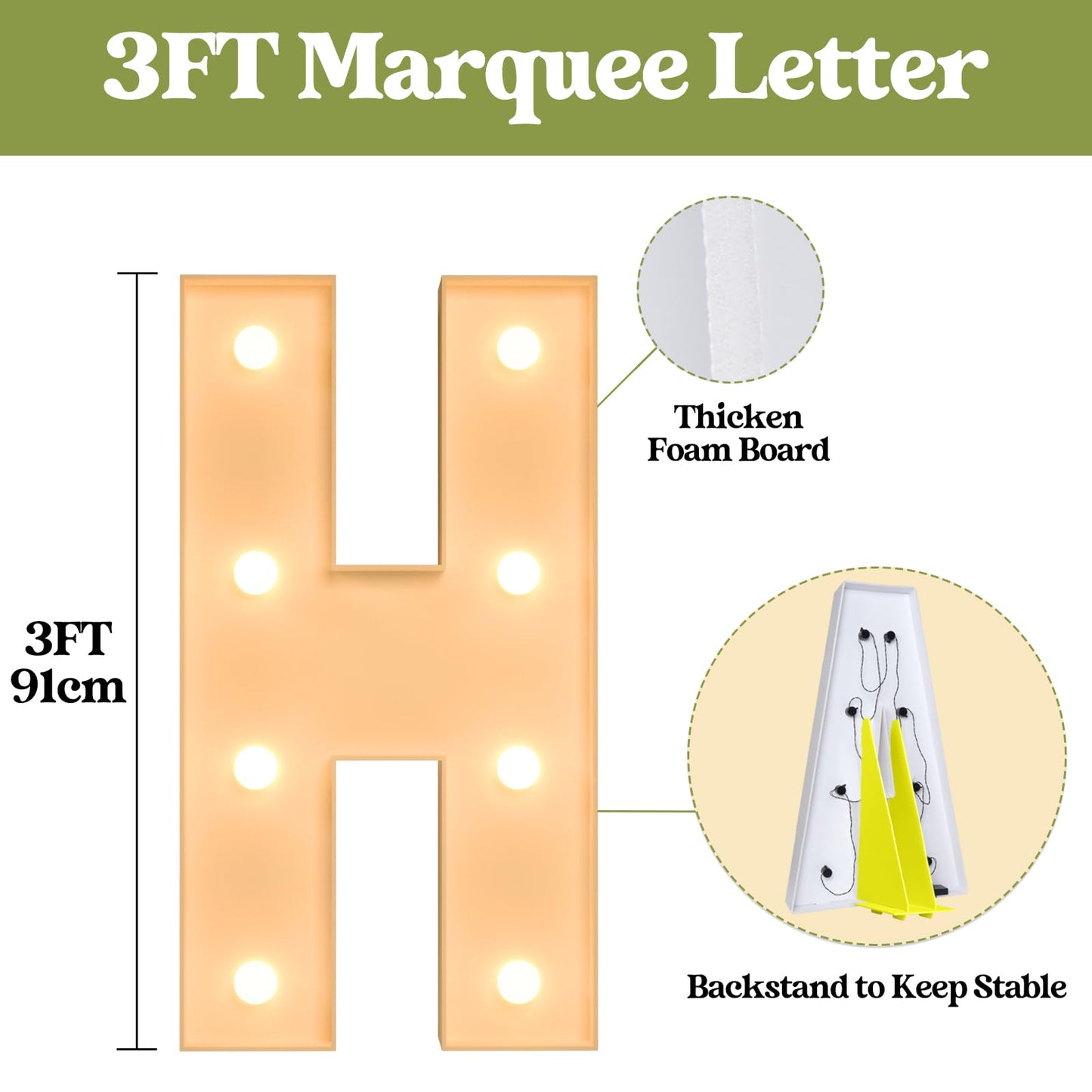 3Ft Marquee Light Up Letters, Large Marquee Letters H For Party Decorations, Big Baby Letters For Baby Shower Birthday Party Dec