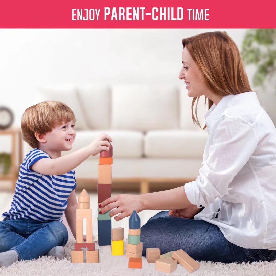 Migargle Large Wooden Building Blocks For Toddlers - Educational Preschool Learning Toys With Storage Bag, Innovative Shapes & Variety Colors To Build More Combinations (48Pcs)