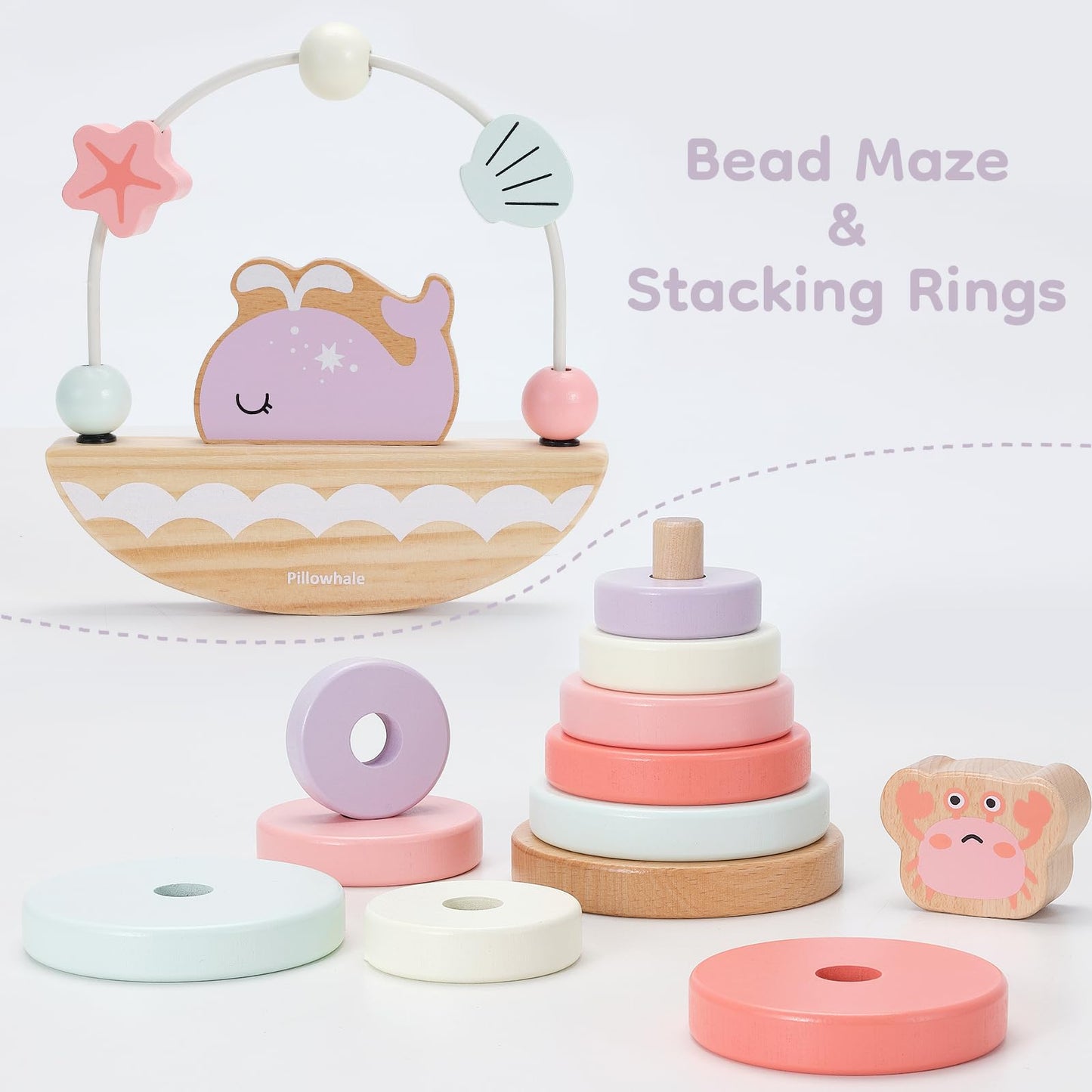Pillowhale 4-In-1 Wooden Toddler Toys For 1 Year Old, Wooden Stacking Rings Tower, Shape Sorter Box, Bead Maze, Wood Baby Push Car, Wooden Stacking Toys For Boys Girls 12M+