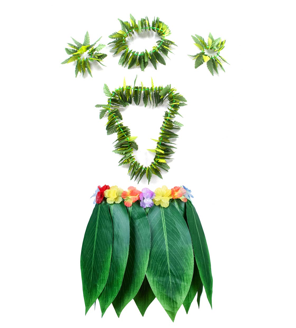 Hawaiian Hula Leaf Grass Skirt Necklaces Bracelets Headband Luau Party Supplies (5Pcs) Green