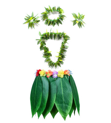 Hawaiian Hula Leaf Grass Skirt Necklaces Bracelets Headband Luau Party Supplies (5Pcs) Green