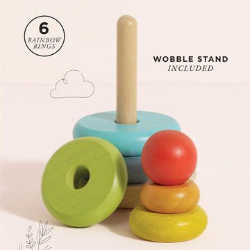 Le Toy Van - Wooden Rainbow Stacker | Girl & Boy 7 Piece Rainbow Wobbling Ring Stacker - Suitable for 18+ Months