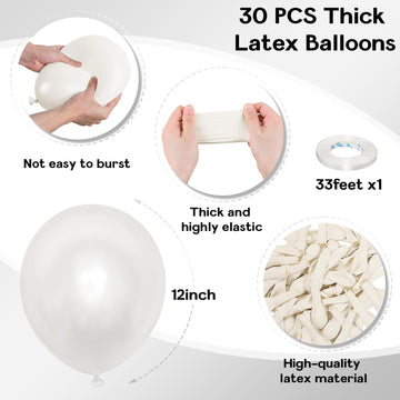Jobkoo Pearl White Balloons, 12 Inch 30 Pcs White Pearl Balloon Bright Royal Clear White Latex Balloons For Arch White Helium Ba