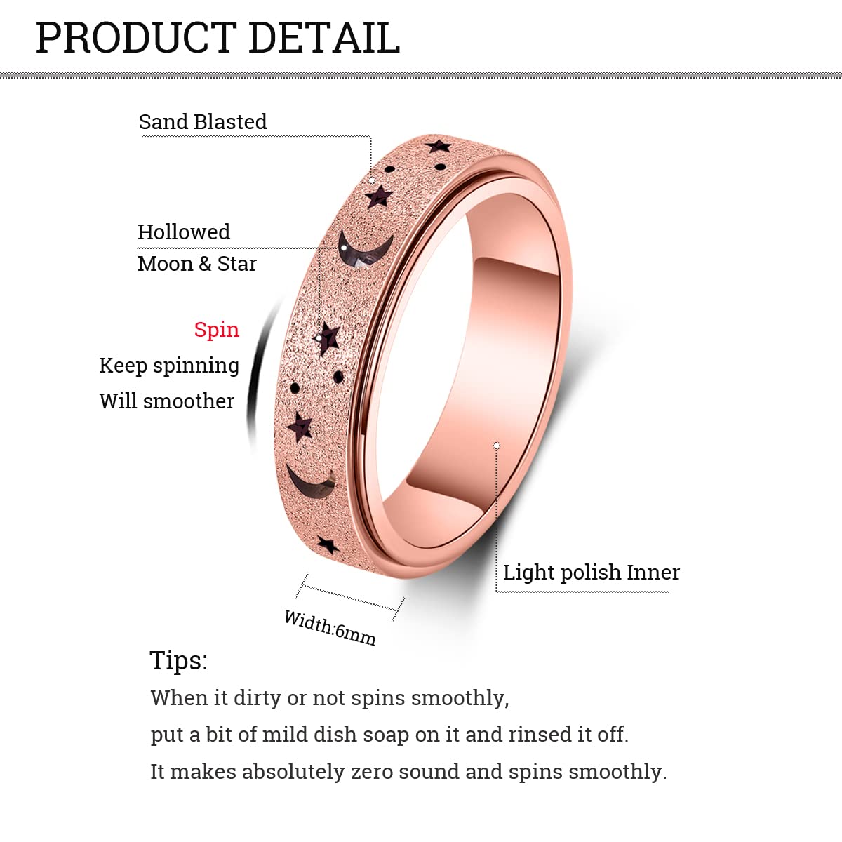 Mhwtty Anxiety Ring For Women Fidget Ring Stainless Steel Spinner Rings Fidget Rings Gift For Women Moon Star Rose Gold Size 7