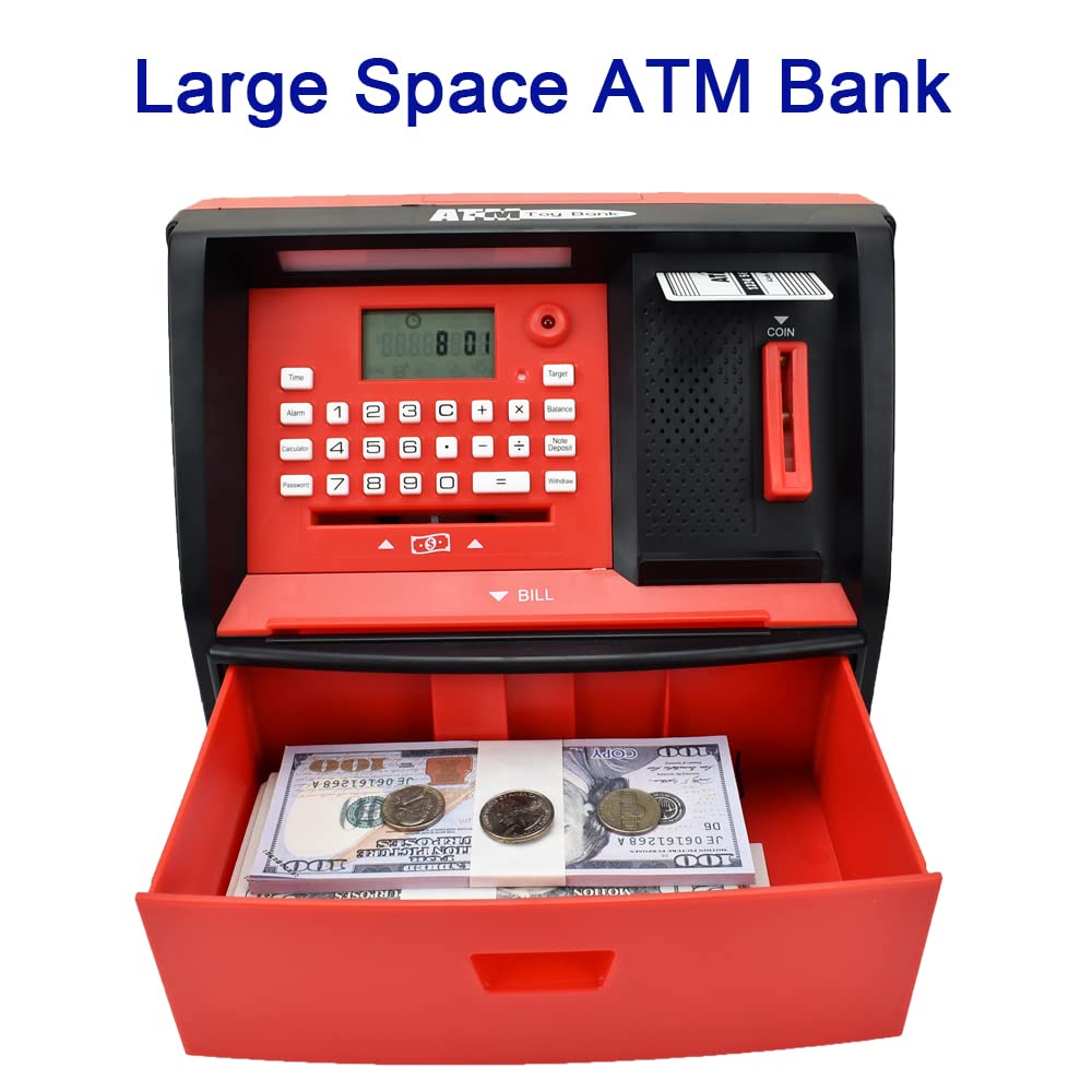 Talking Atm Savings Bank, Digital Piggy Bank, Atm Money Coins Machine For Kids Birthday Gift (Red/Black)
