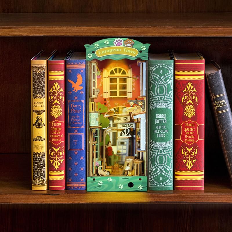 Diy Book Nook Kit, Diy Dollhouse 3D Wooden Puzzles Booknook Bookshelf,Bookends Model Build-Creativity Kit, Light Up Tiny Miniatu