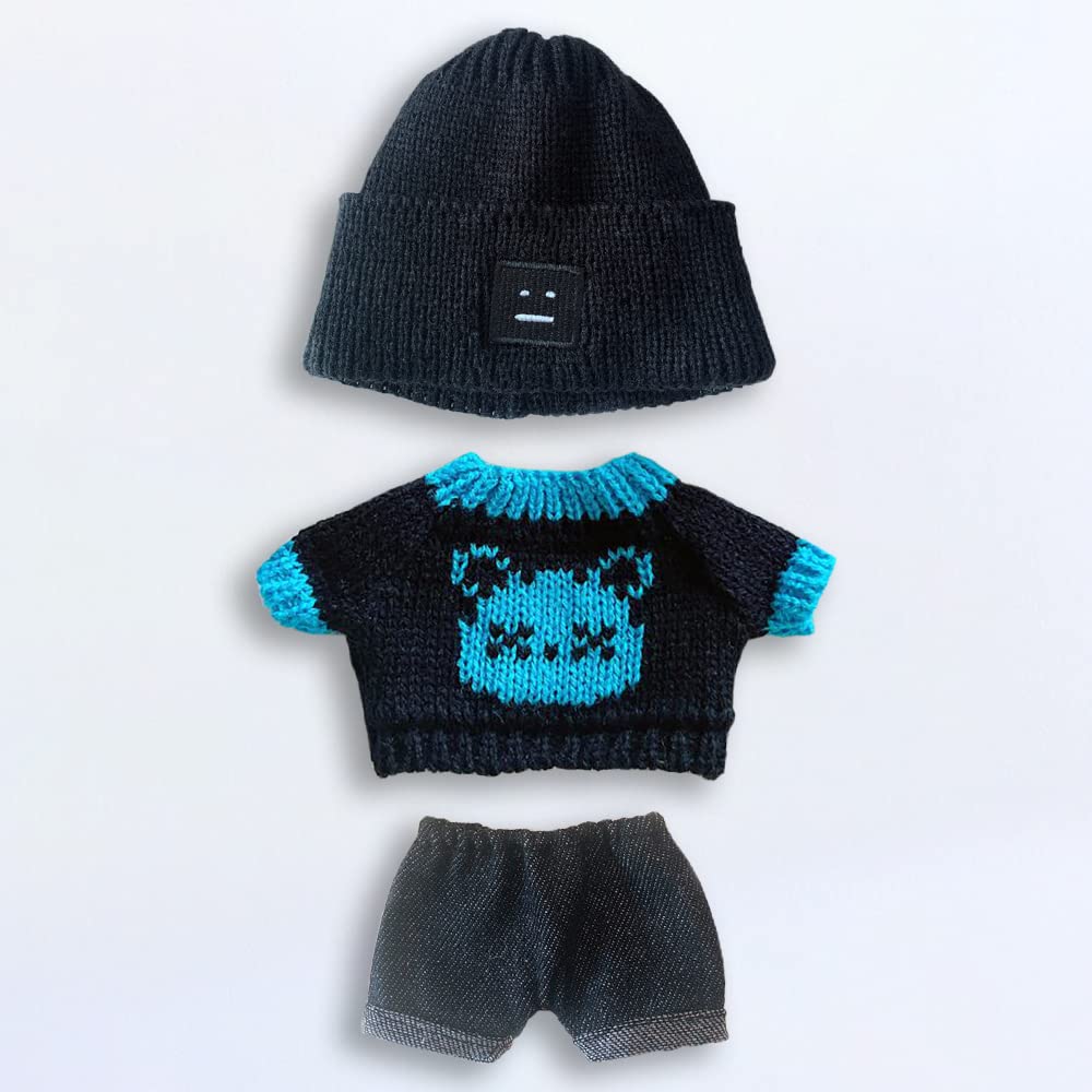 Niannyyhouse 20Cm Plush Doll Clothes Hat Kitten Sweater Flanging Jeans Kpop Doll Clothing (Black+Blue)
