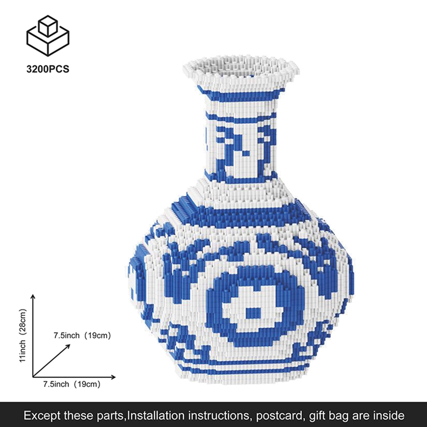Blue and White Vase Micro Building Blocks Set,Compatible with Lego Flower Set,Arts and Crafts for Adults with Collection Value,