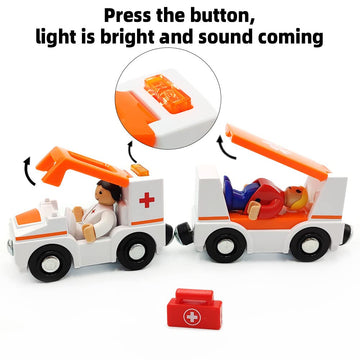 Magnetic Trains Cars Playset Wooden Train Track Accessories Station Wagon Train Set For Toddlers 3-5 Wooden Train Sets For Boys Girls Ages 3-4-7 (Ambulance B (With Light And Sound))
