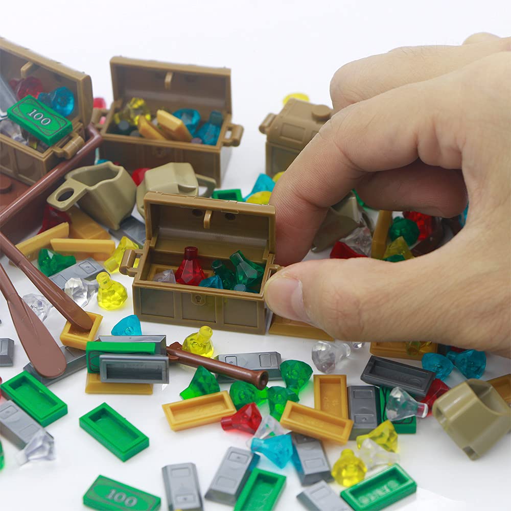 Brotex Pirate Accessories Money - Treasure Chest Building Block Bricks Pack, Money Gold Bar, Gems Diamonds, Jewels With Pirate Boat Ship People Parts, Building Bricks Set