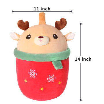 MMguai 14 inch Cute Christmas Deer with Green Scarf,Boba Bubble Tea Plush Soft Pillow Plushies,Large Deer Milk Tea Stuffed Anima