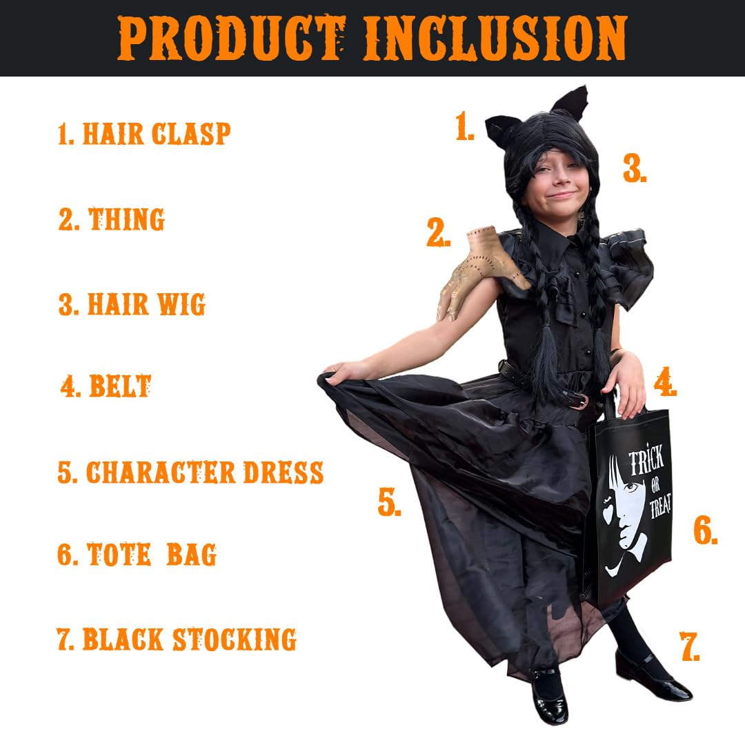 Spookyfit Halloween Dress - Complete Costume Set For Girls | Halloween | Black Dress, Wig, Gloves, Thing, Adjustable Bag, Belt &